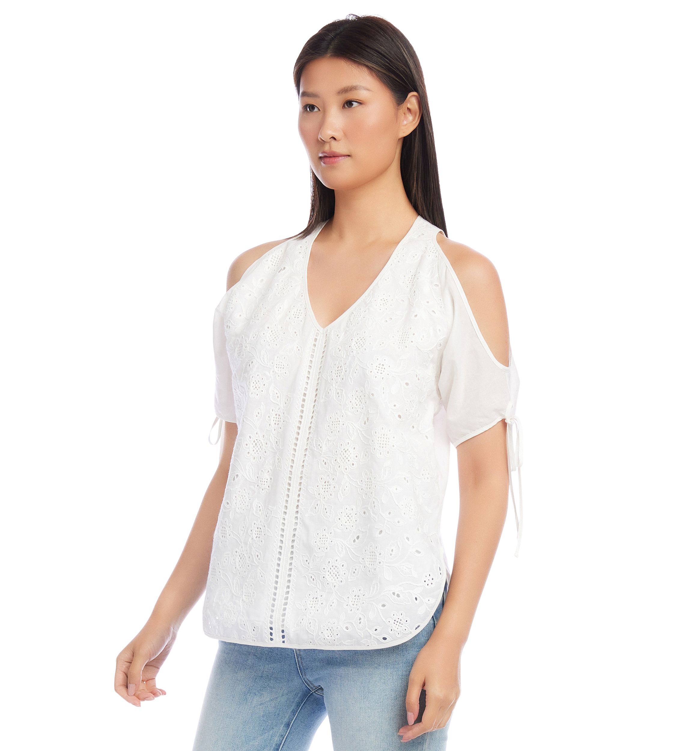 Petite Embroidered Cold Shoulder Top