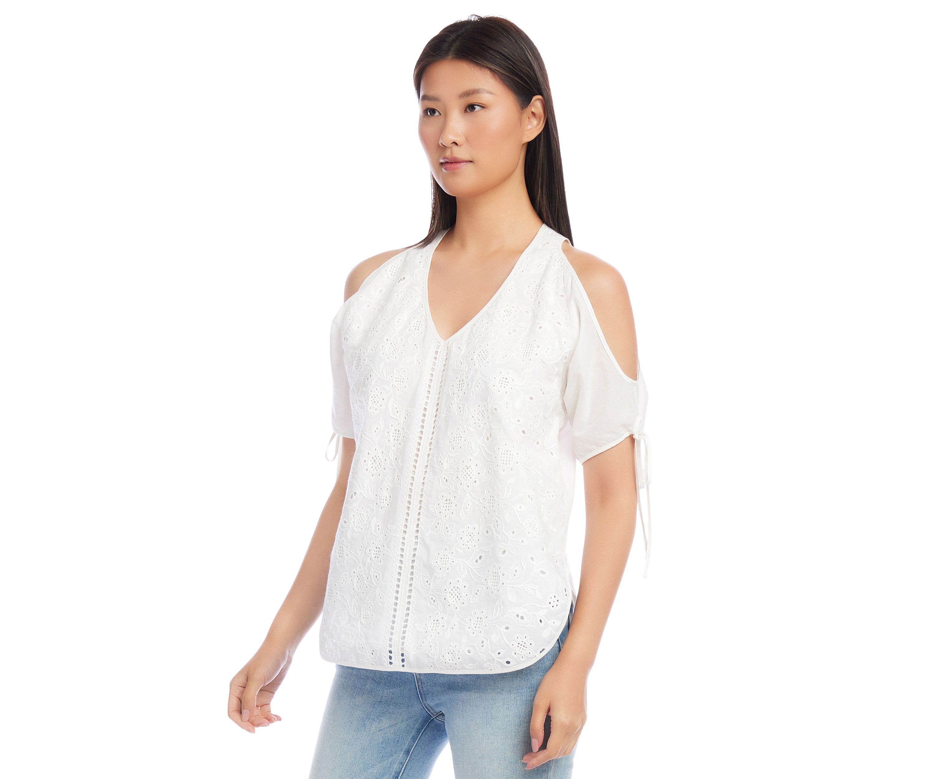 Petite Embroidered Cold Shoulder Top