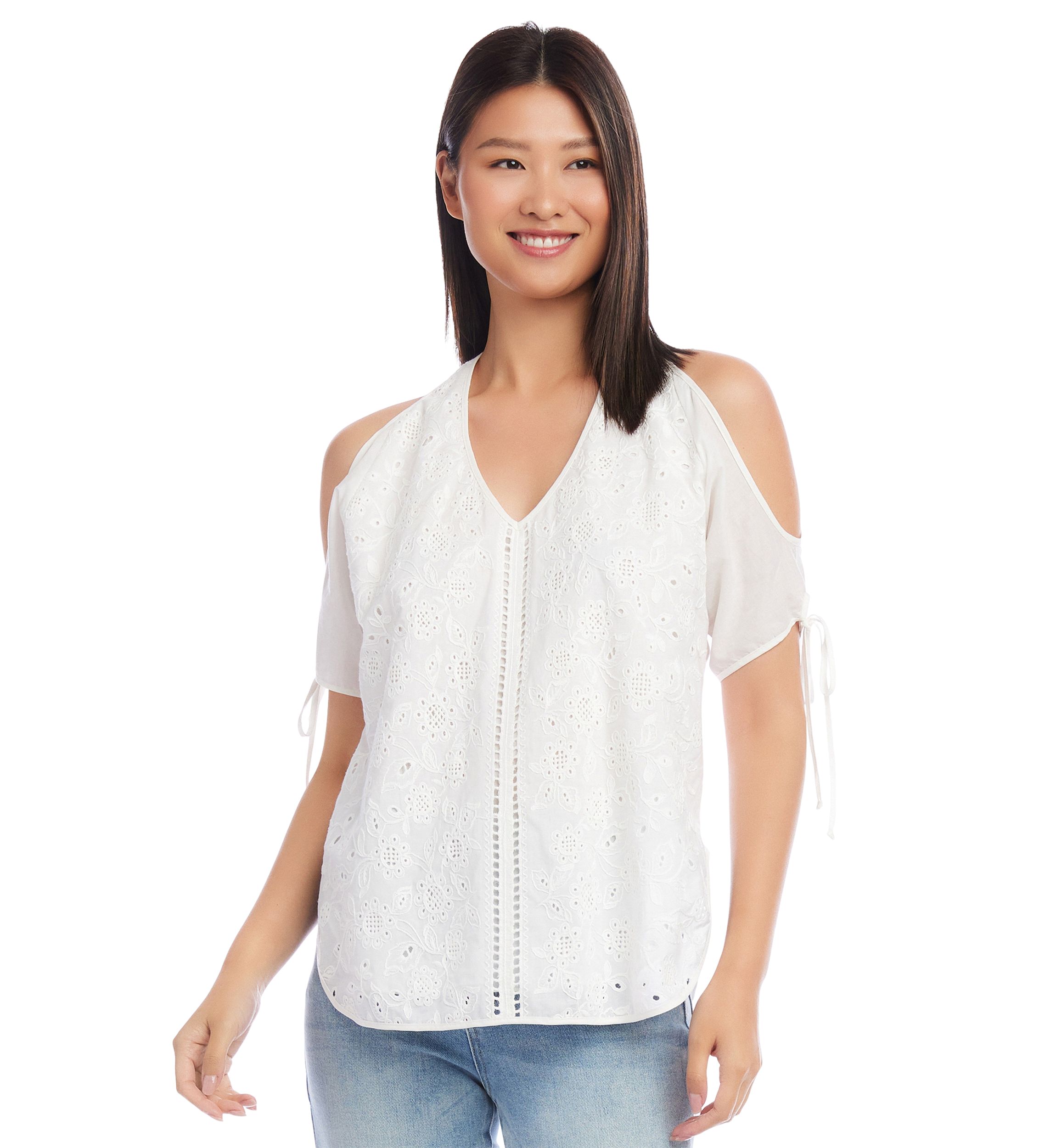 Petite Embroidered Cold Shoulder Top