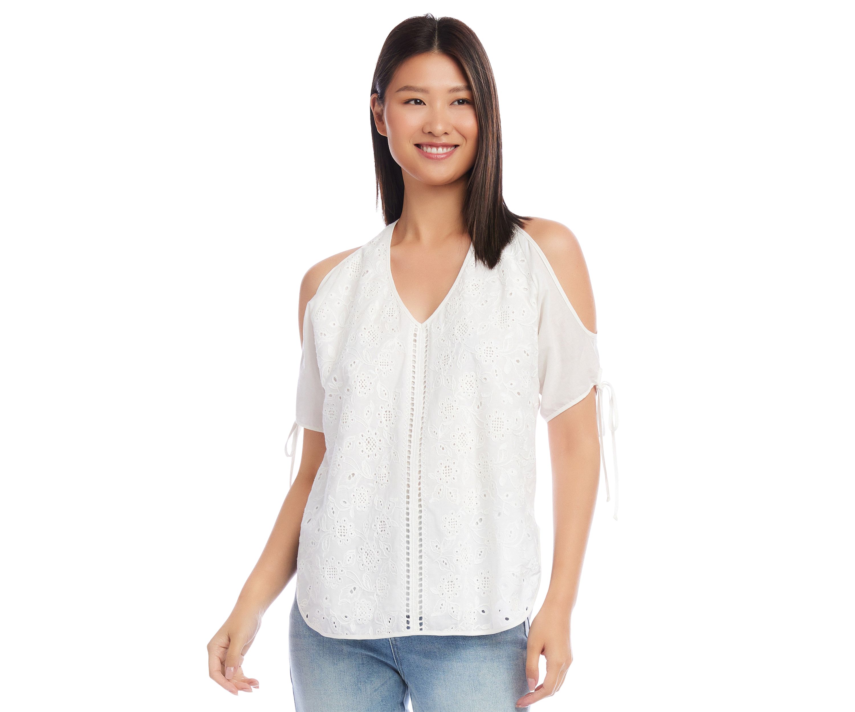 Petite Embroidered Cold Shoulder Top
