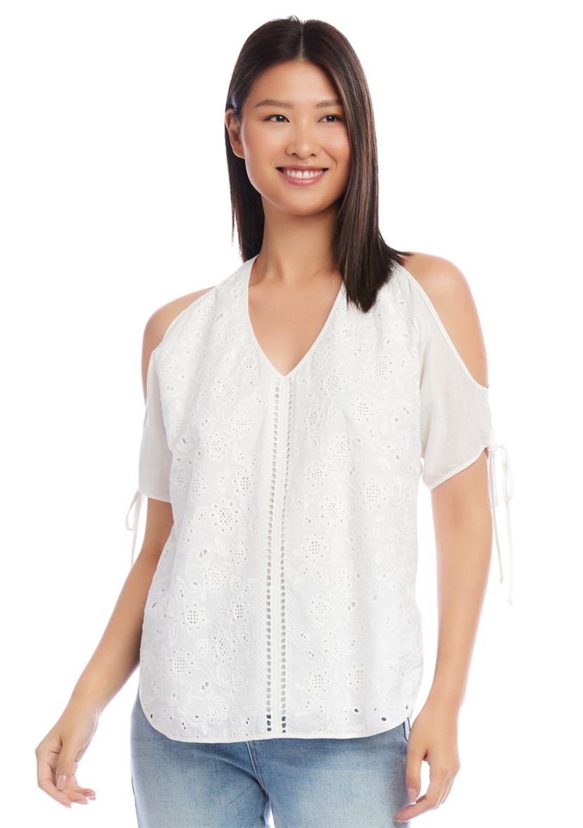 Petite Embroidered Cold Shoulder Top