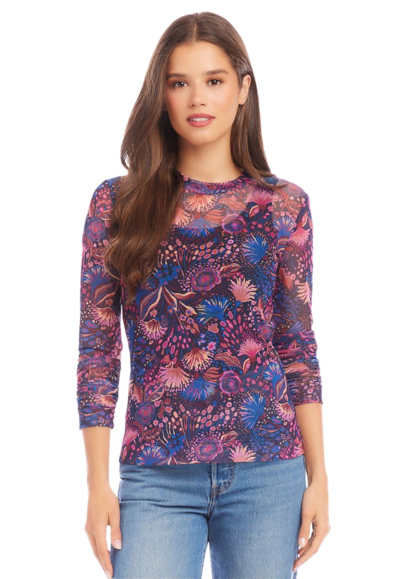 Womens Shirred Sleeve Mesh Top