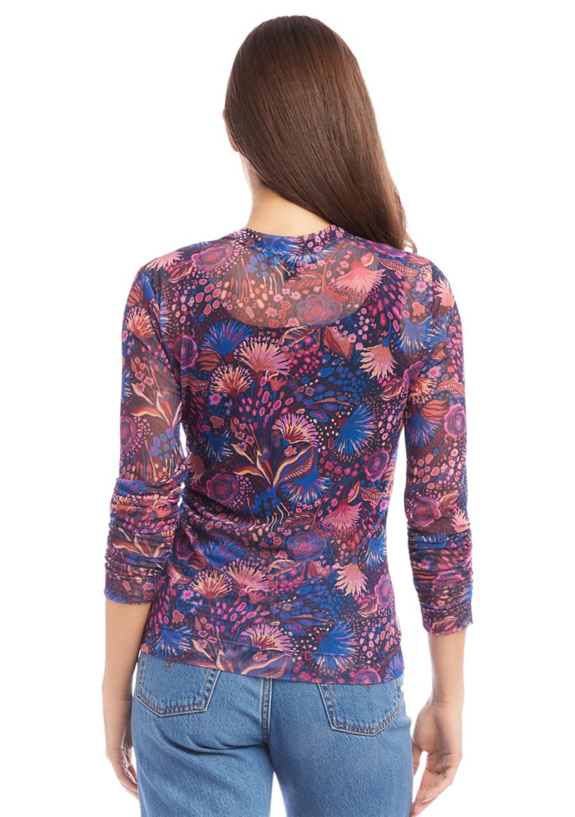 Womens Shirred Sleeve Mesh Top