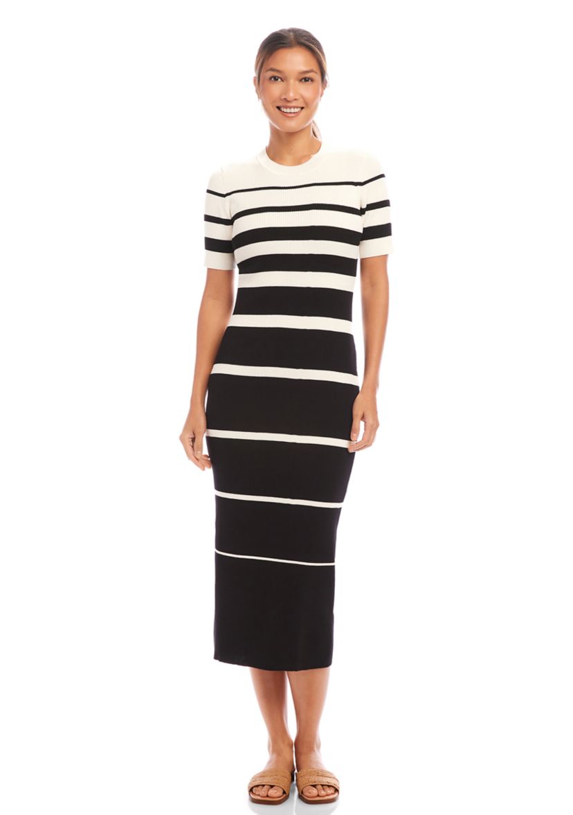 Womens Stripe Ribbed Sweater Midi Dress