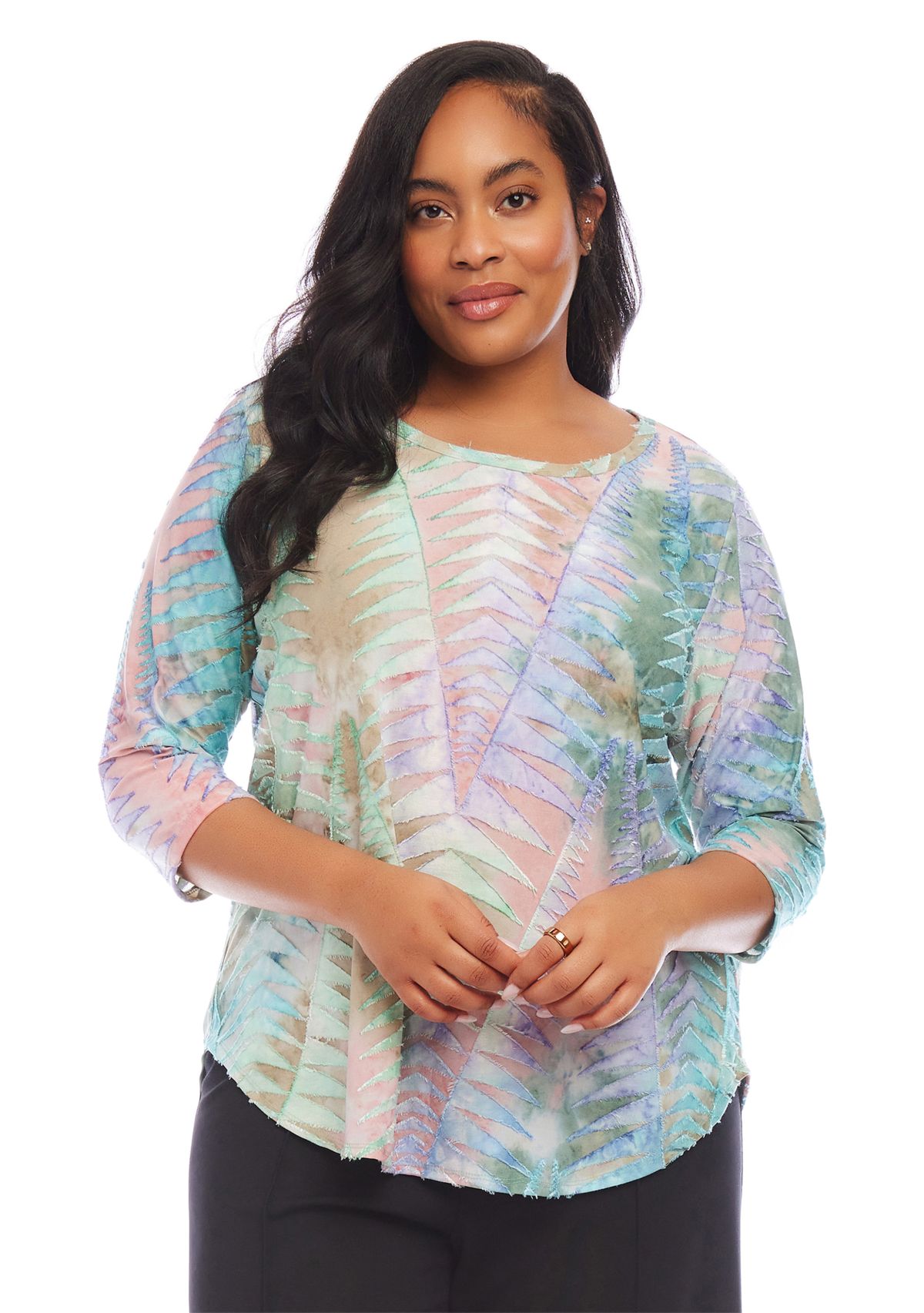 Plus Size Tie Dye Burnout Shirttail Top