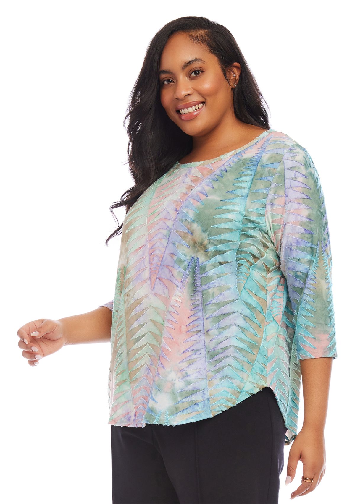 Plus Size Tie Dye Burnout Shirttail Top