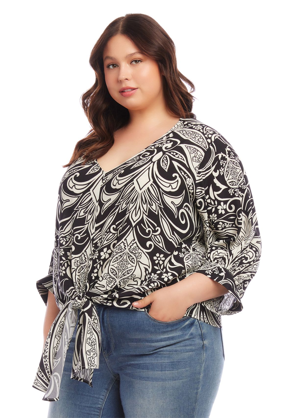 Plus Size Blouson Sleeve Tie Front Top