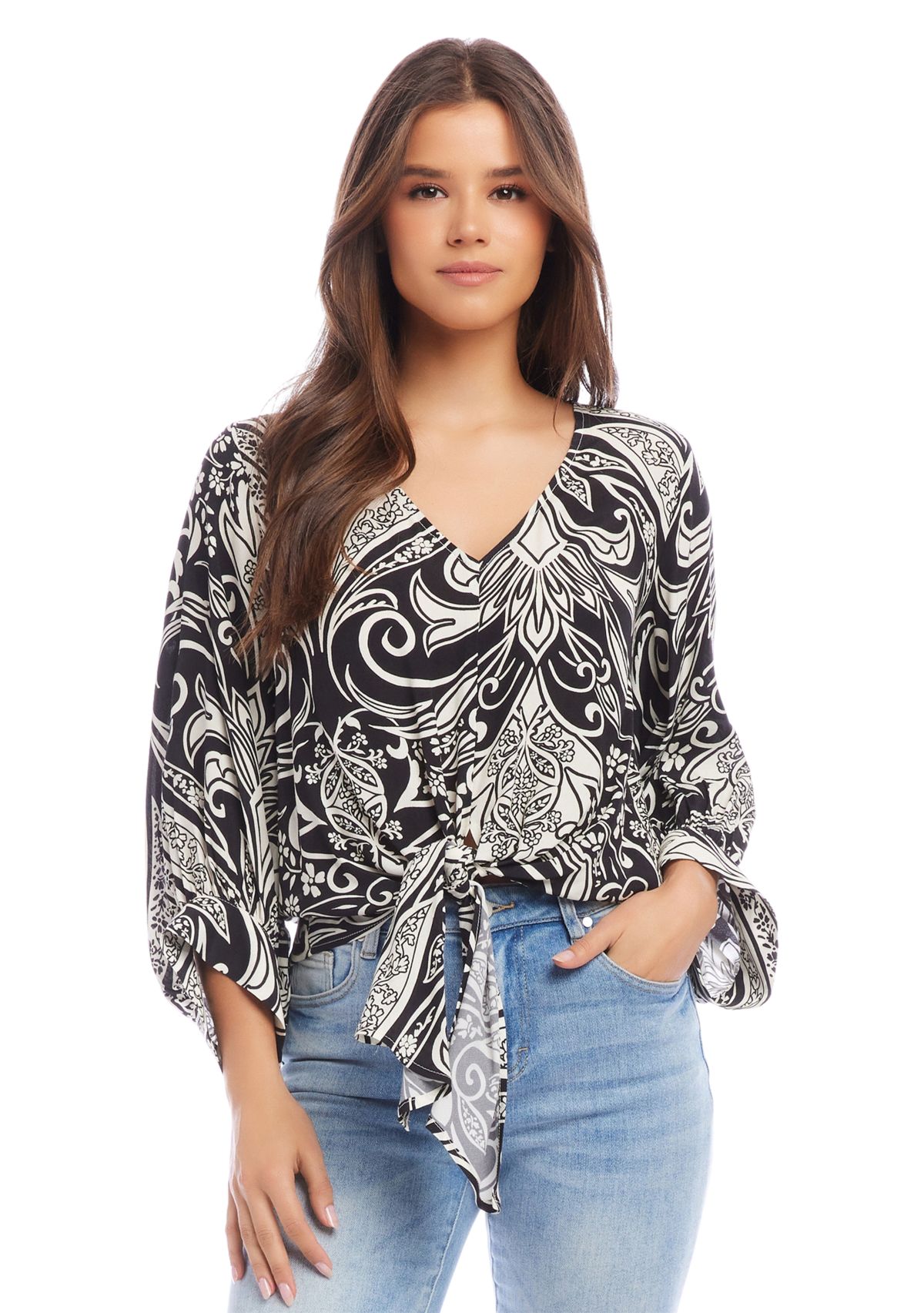 Womens Blouson Sleeve Tie Front Top