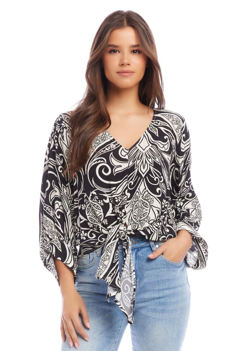 Womens Blouson Sleeve Tie Front Top