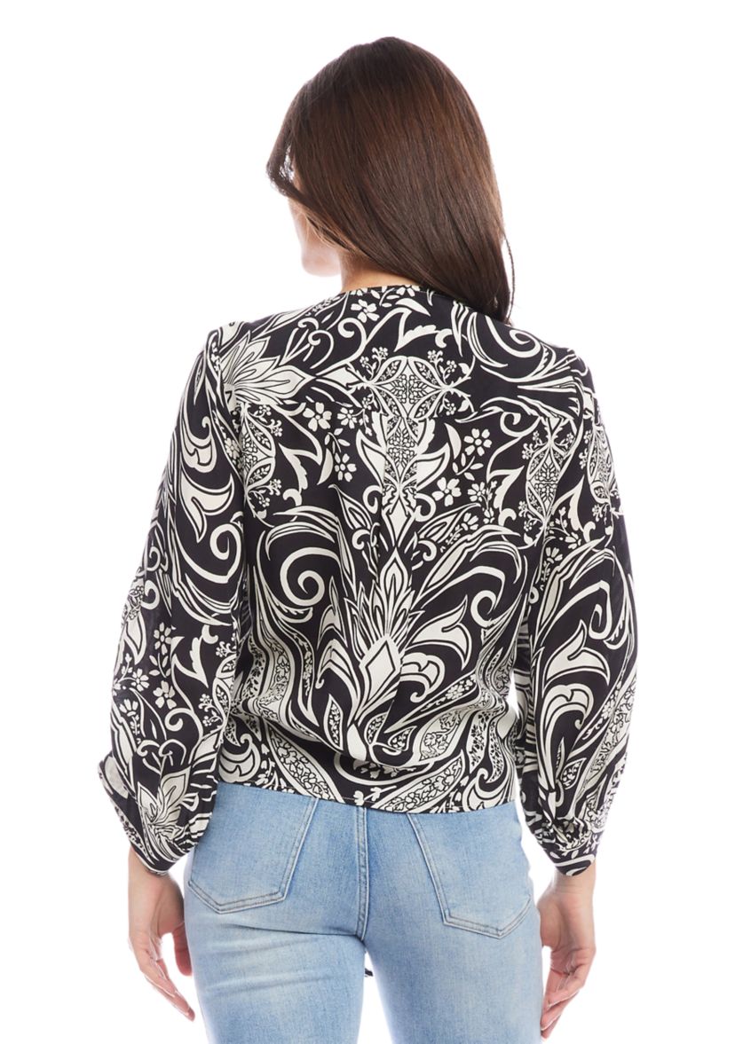Womens Blouson Sleeve Tie Front Top