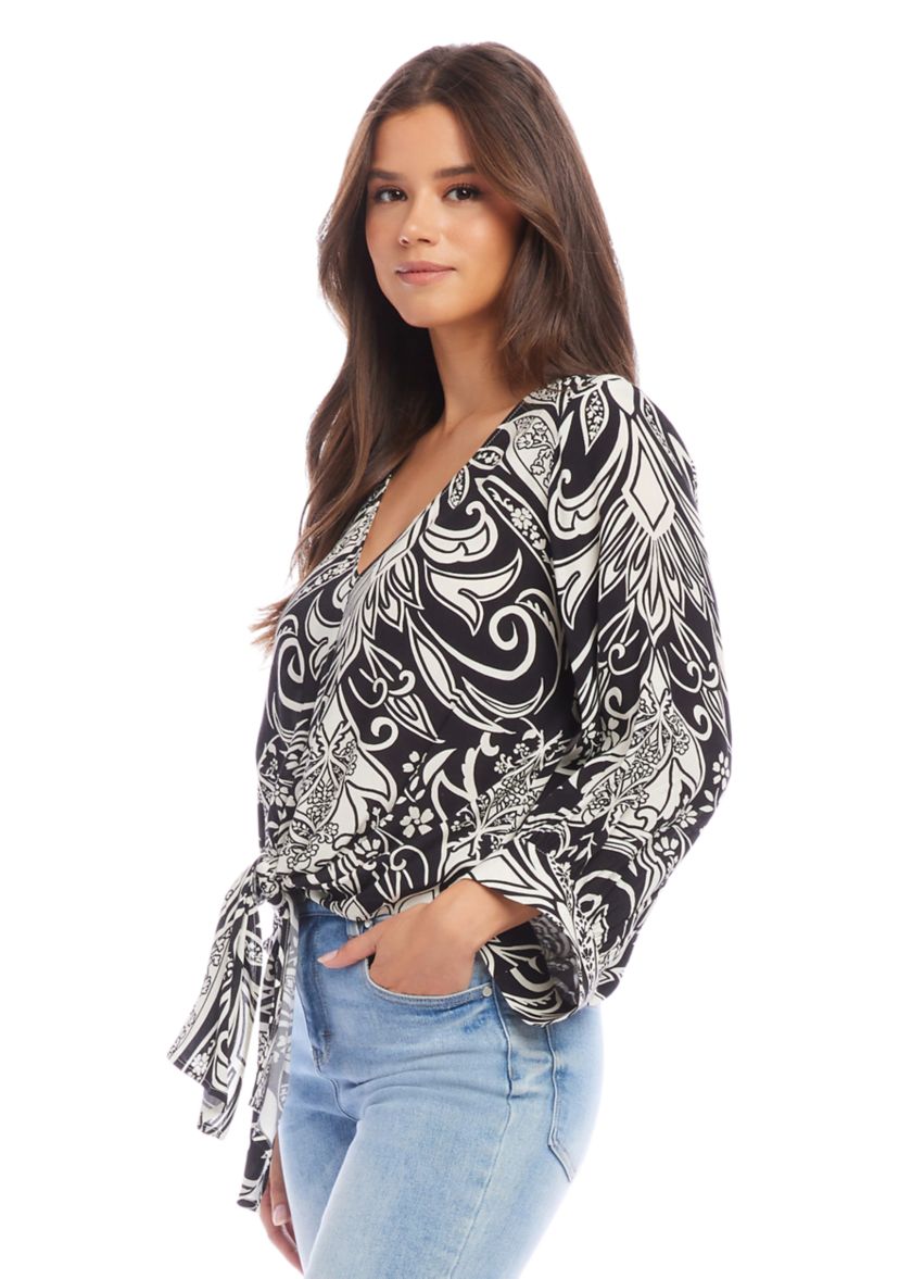 Womens Blouson Sleeve Tie Front Top