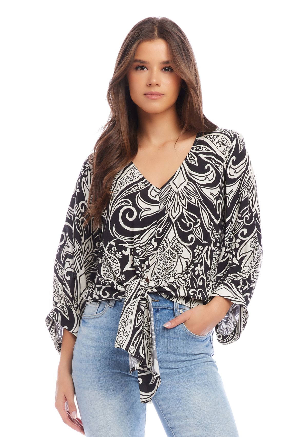 Womens Blouson Sleeve Tie Front Top