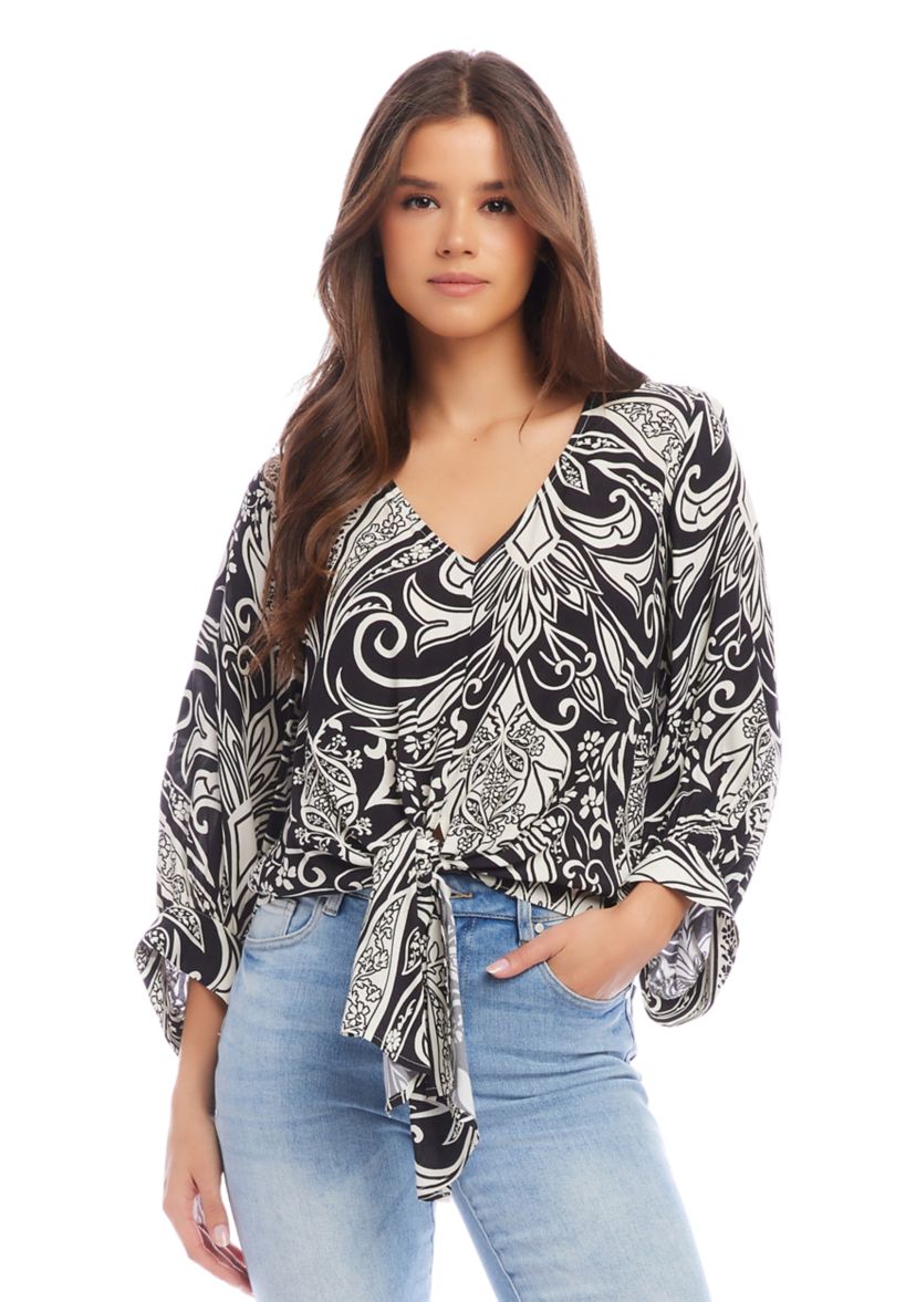 Womens Blouson Sleeve Tie Front Top