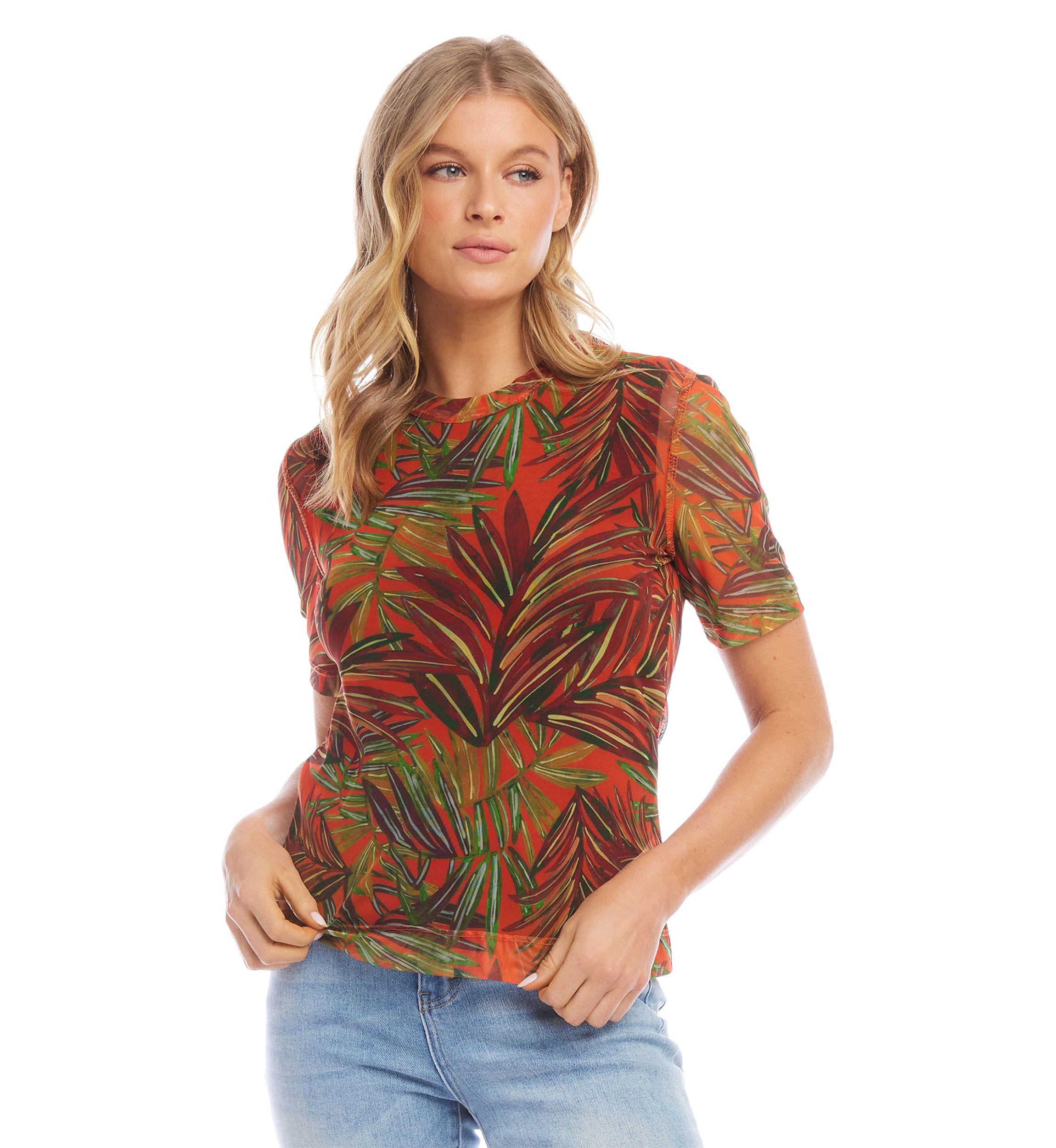 Womens Short Sleeve Printed Mesh Top