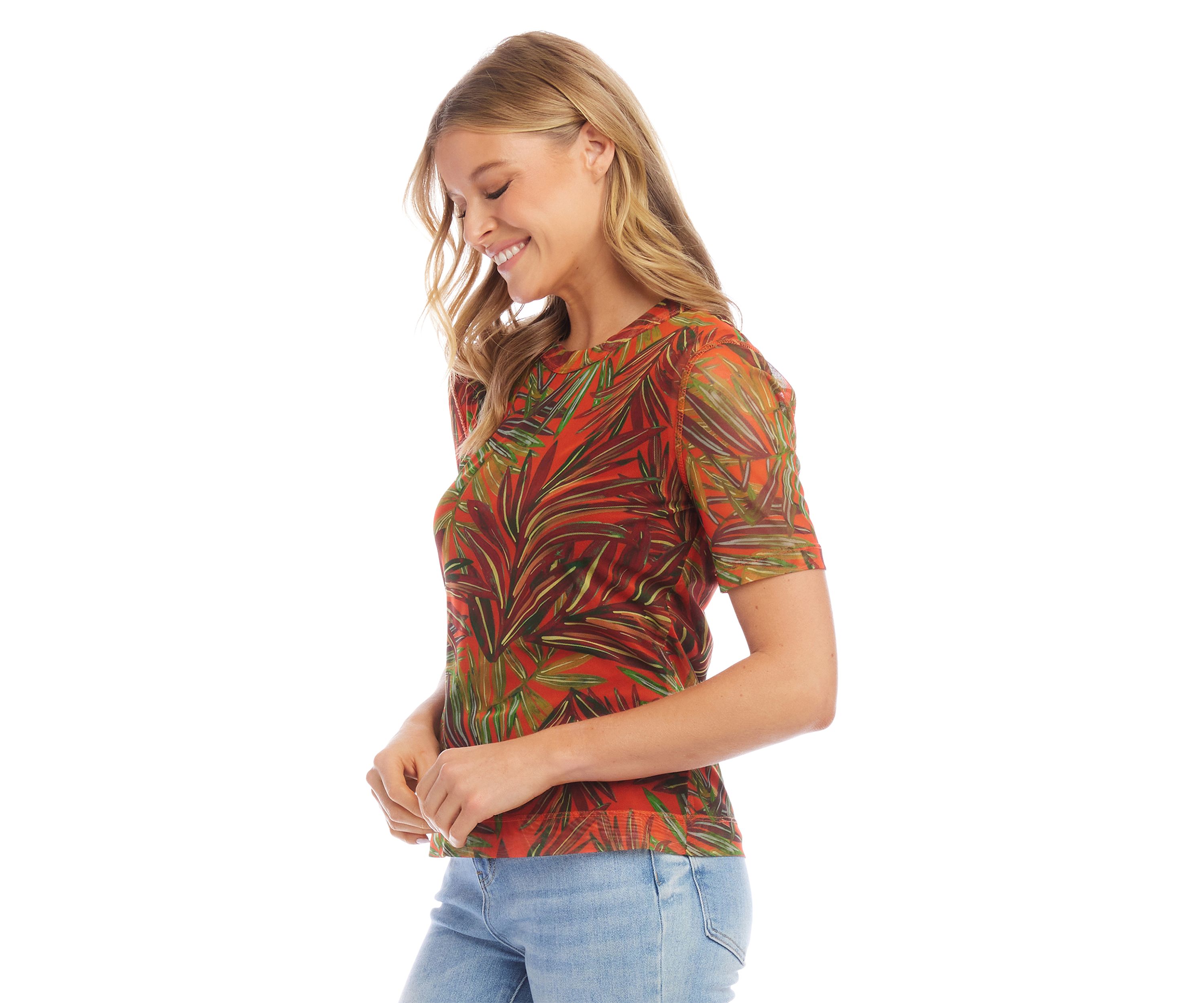 Womens Short Sleeve Printed Mesh Top