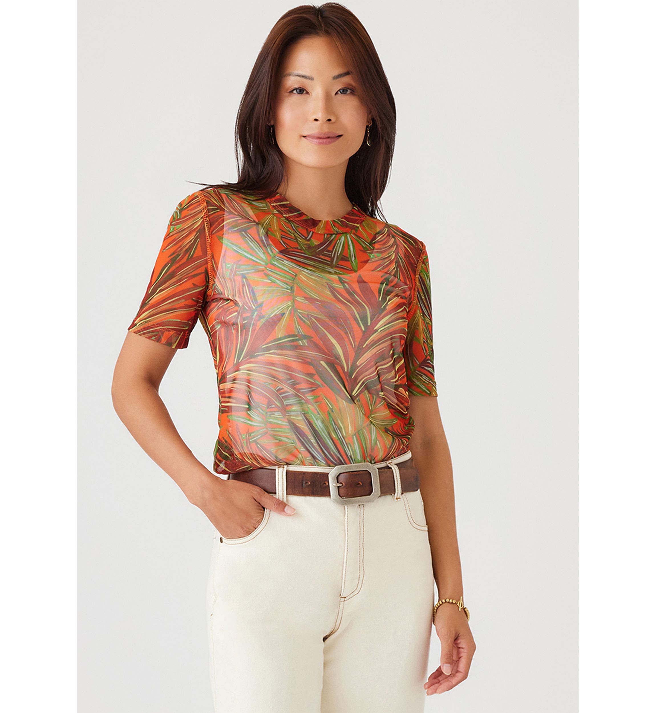 Womens Short Sleeve Printed Mesh Top