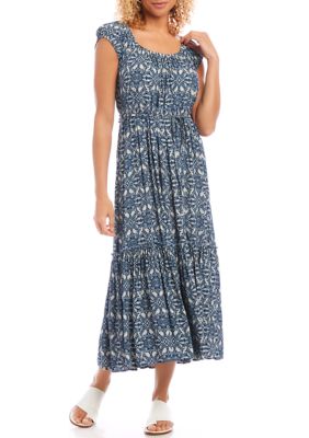 Women's Puff Sleeve Printed Tiered Midi Dress