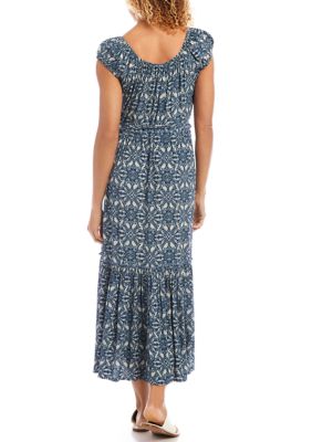 Women's Puff Sleeve Printed Tiered Midi Dress