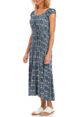 Women's Puff Sleeve Printed Tiered Midi Dress