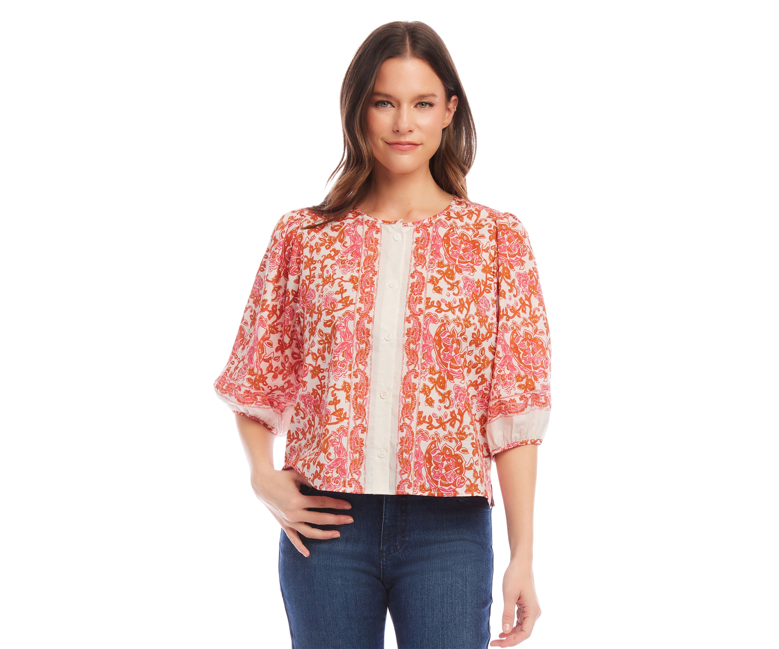Womens Puff Sleeve Button Front Top