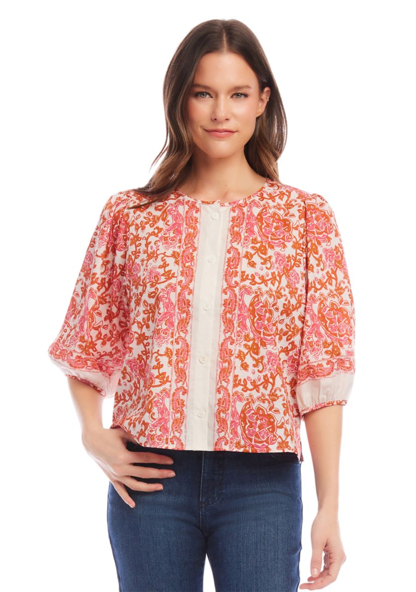 Womens Puff Sleeve Button Front Top