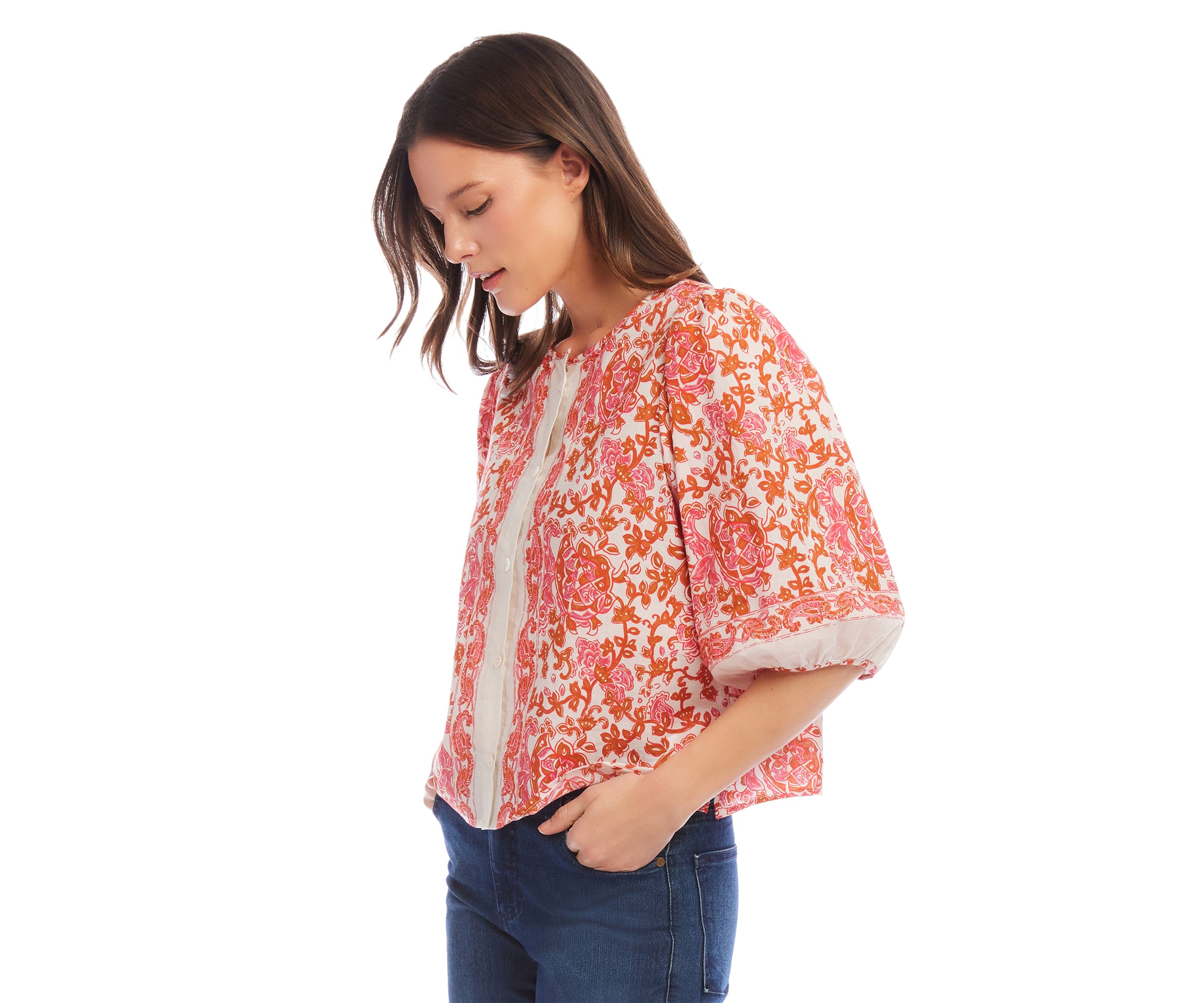Womens Puff Sleeve Button Front Top
