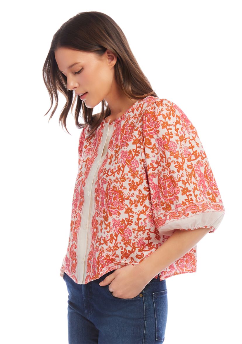 Womens Puff Sleeve Button Front Top