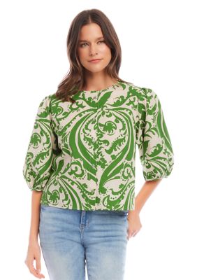Women's Printed Puff Sleeve Button Front Top