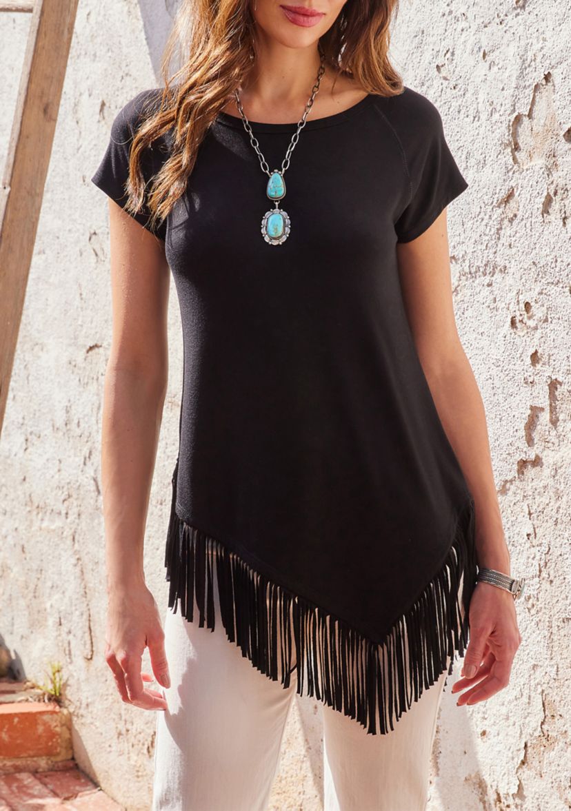 Womens Angled Fringe Knit Top 