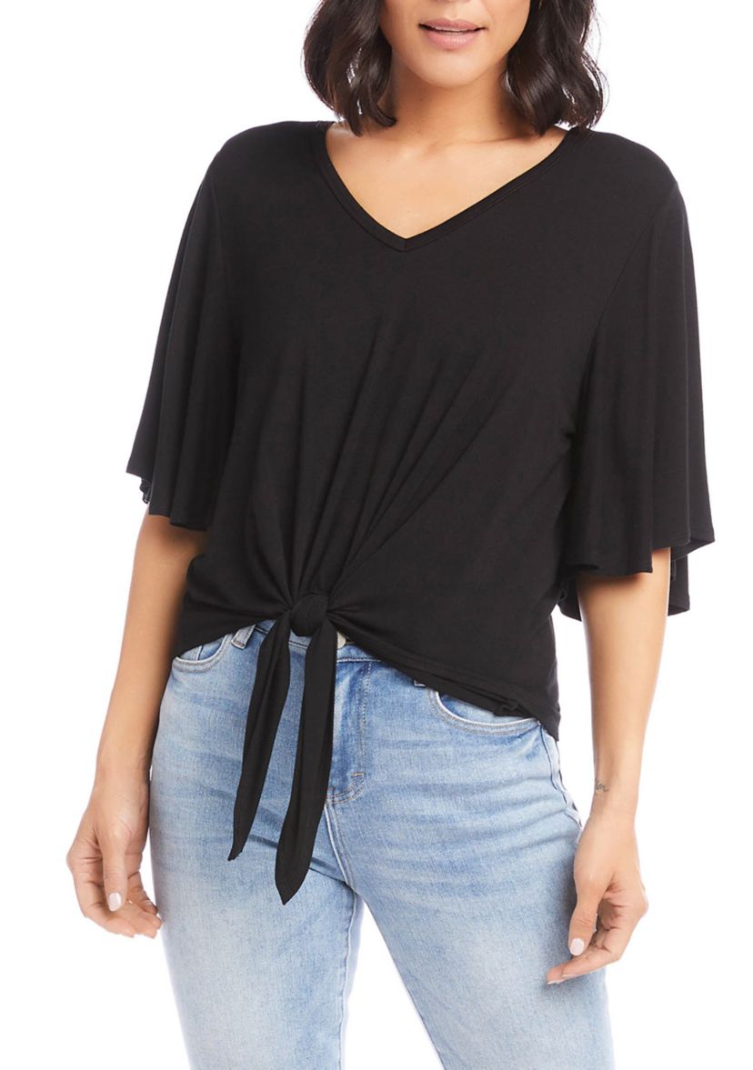 Womens Flutter Sleeve Tie-Front Top