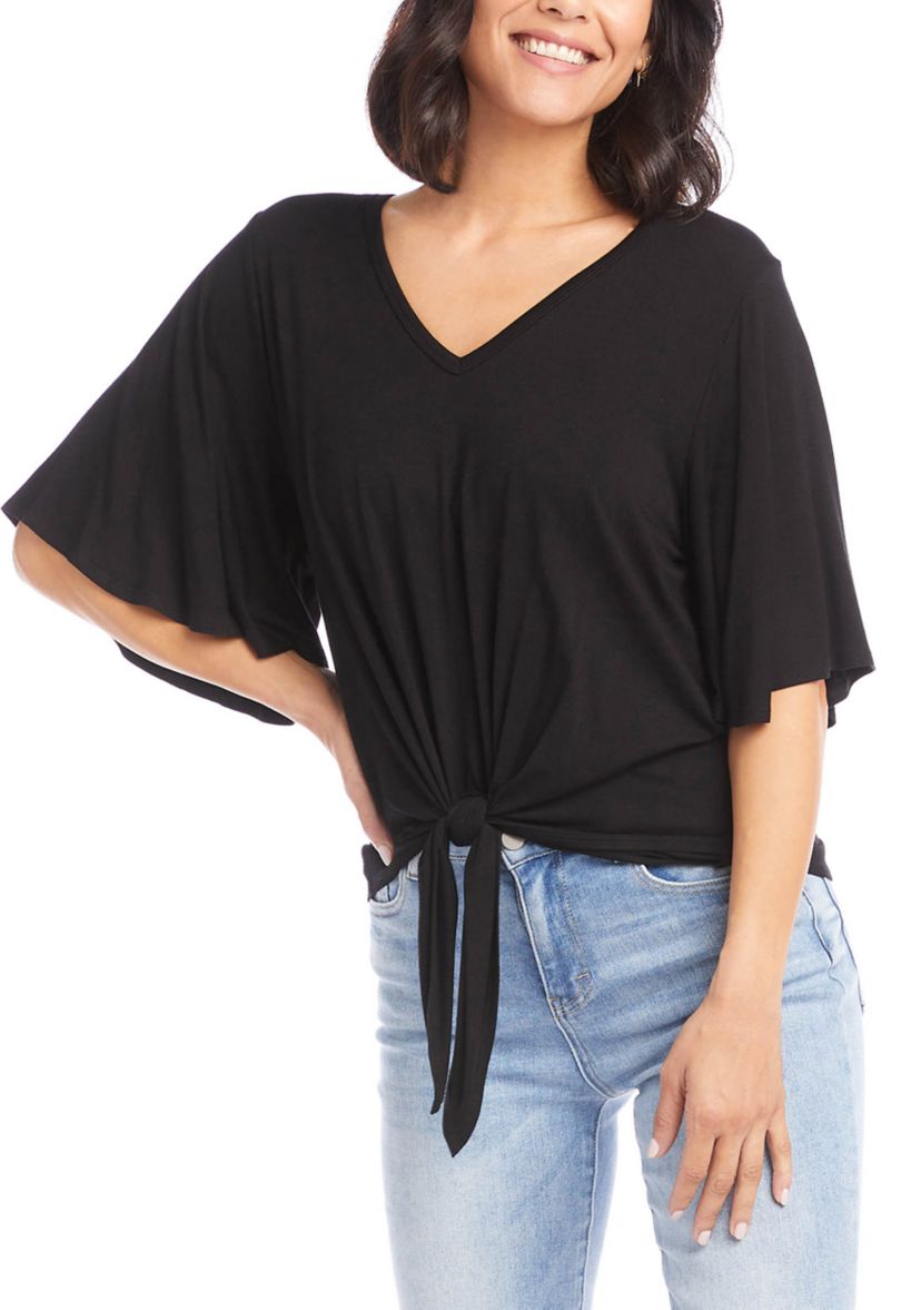 Womens Flutter Sleeve Tie-Front Top