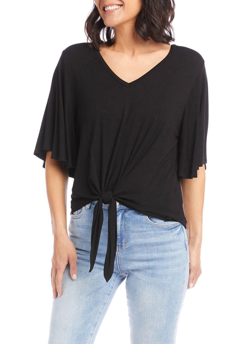 Womens Flutter Sleeve Tie-Front Top