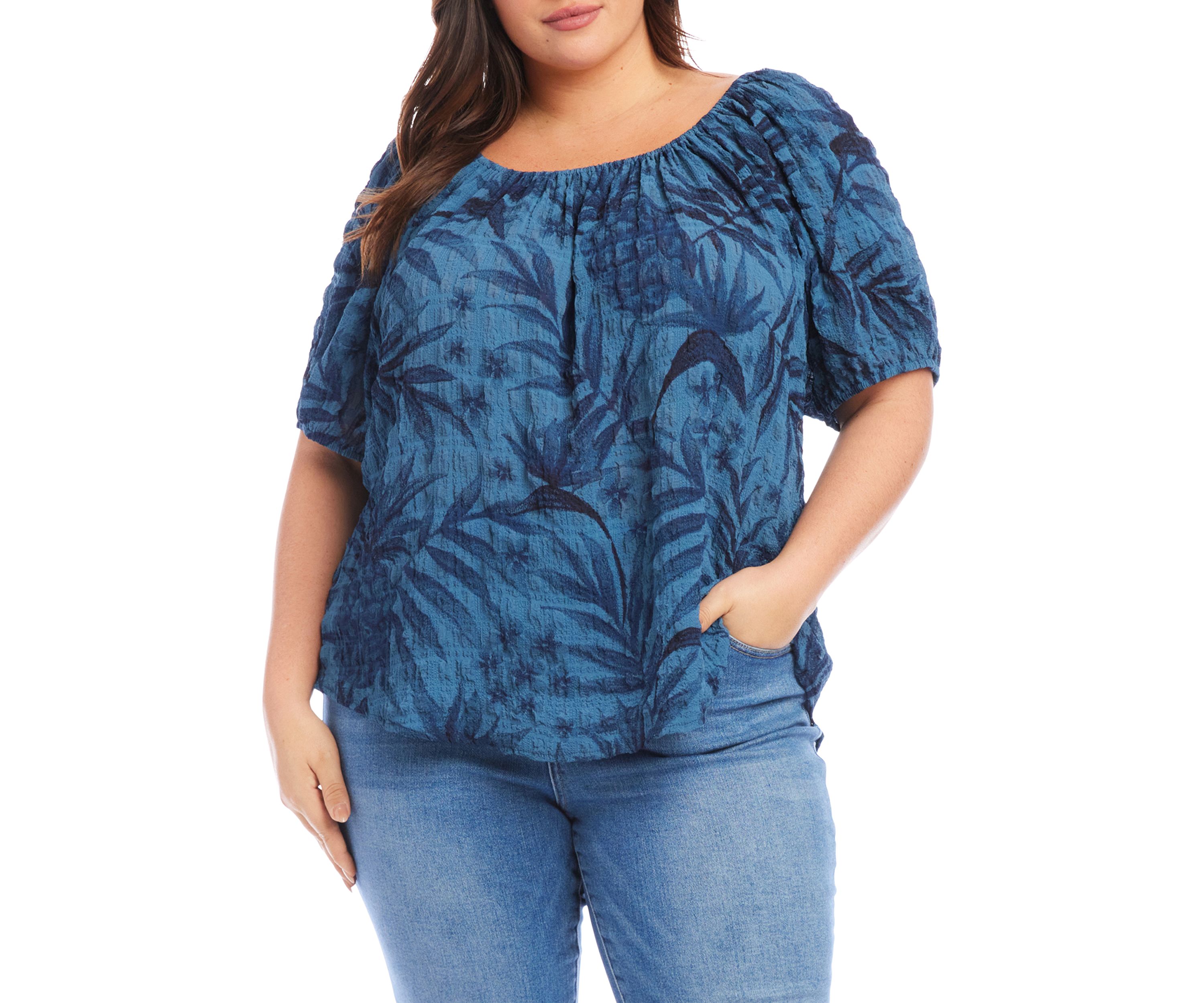 Plus Size Elbow Puff Sleeve Printed Peasant Top 