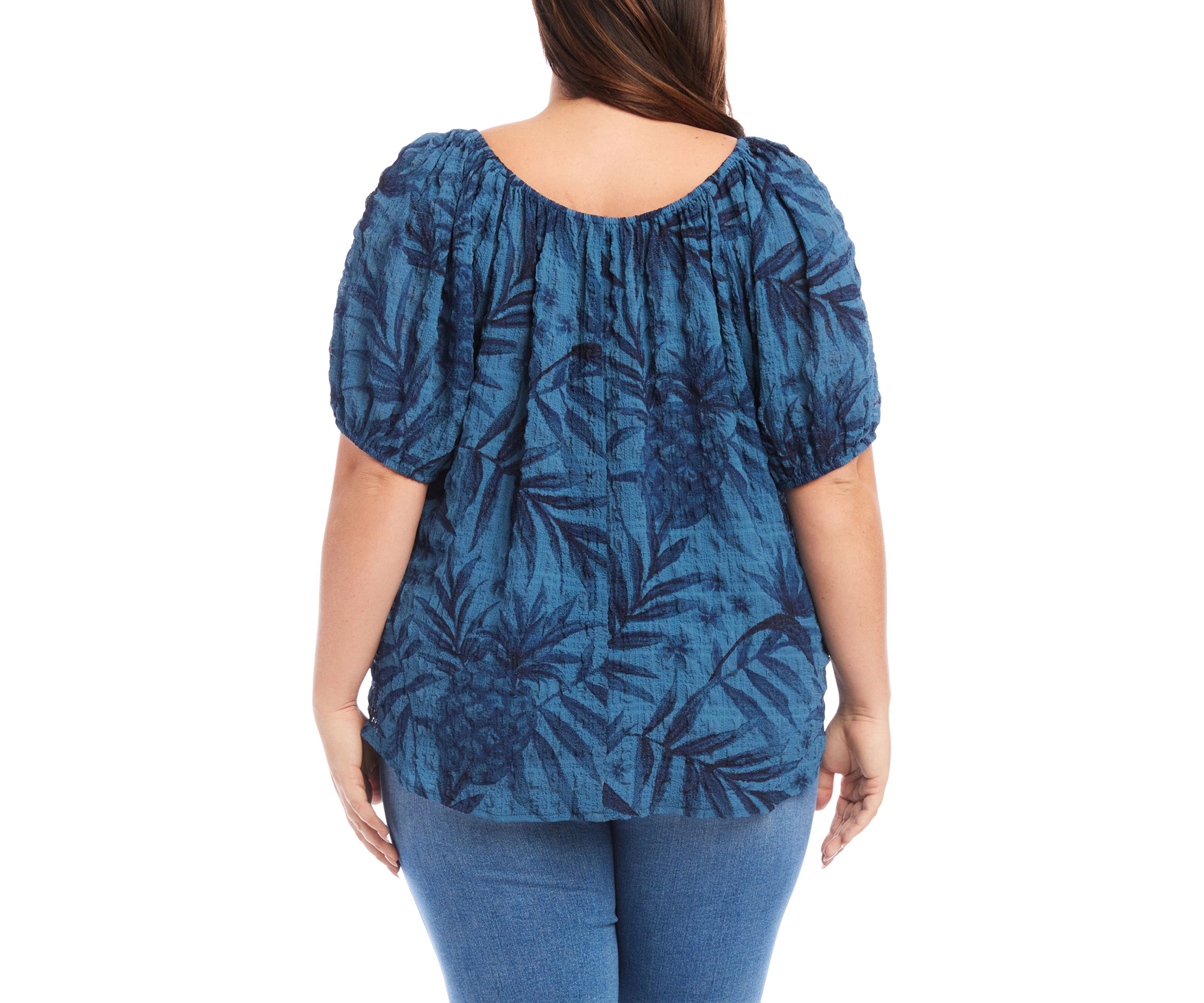 Plus Size Elbow Puff Sleeve Printed Peasant Top 