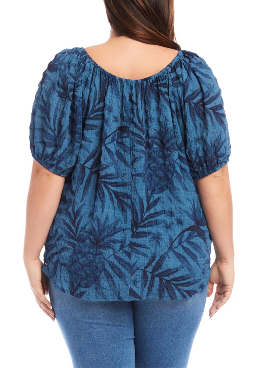Plus Size Elbow Puff Sleeve Printed Peasant Top 