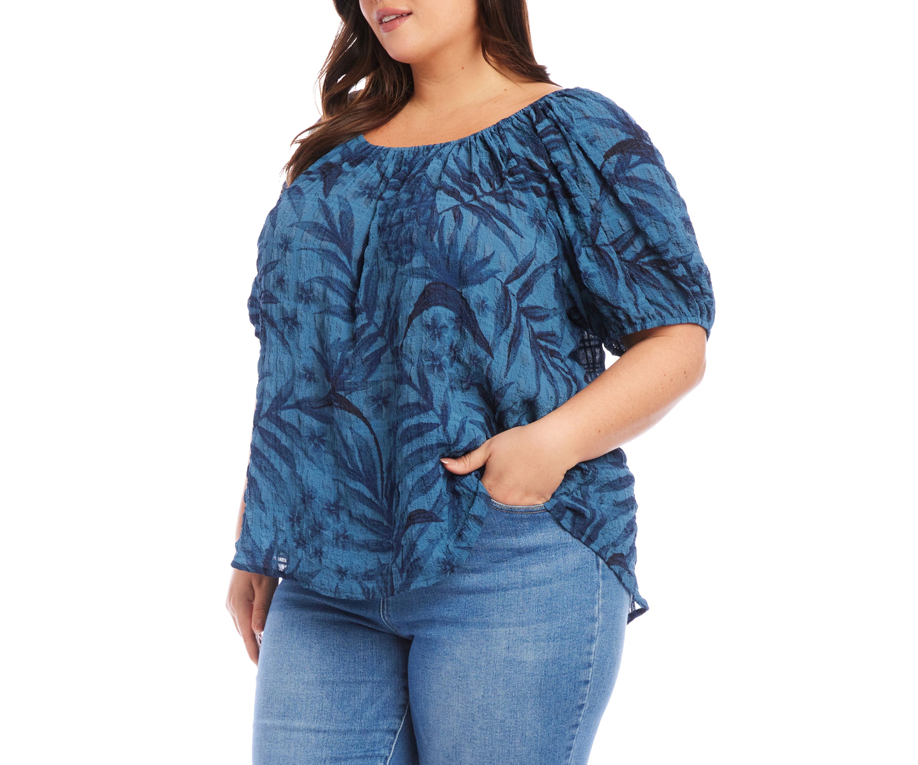 Plus Size Elbow Puff Sleeve Printed Peasant Top 