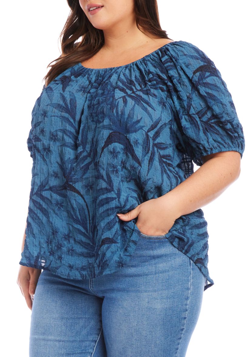 Plus Size Elbow Puff Sleeve Printed Peasant Top 