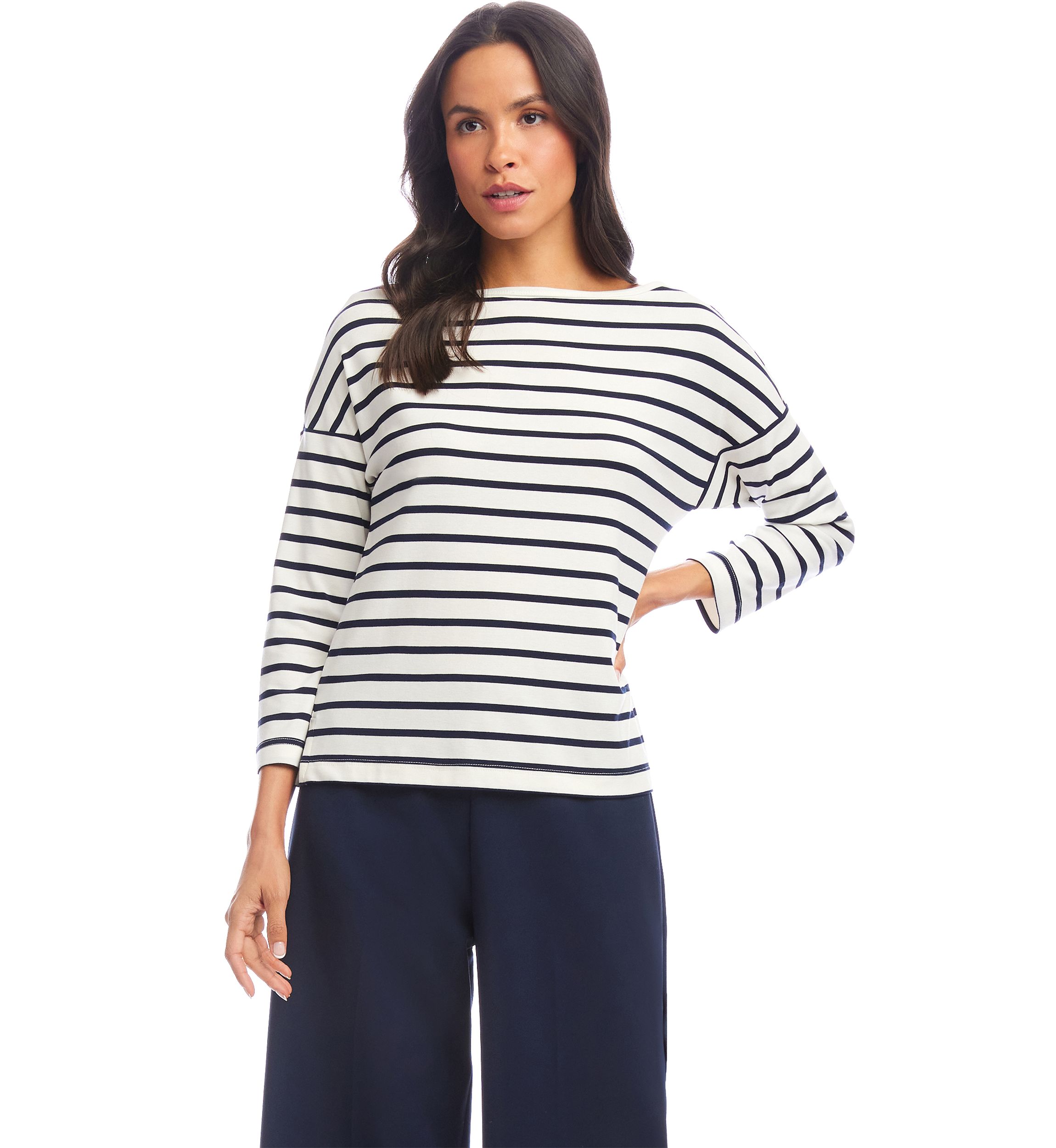 Petite Size Stripe 3/4 Sleeve Boat Neck Top