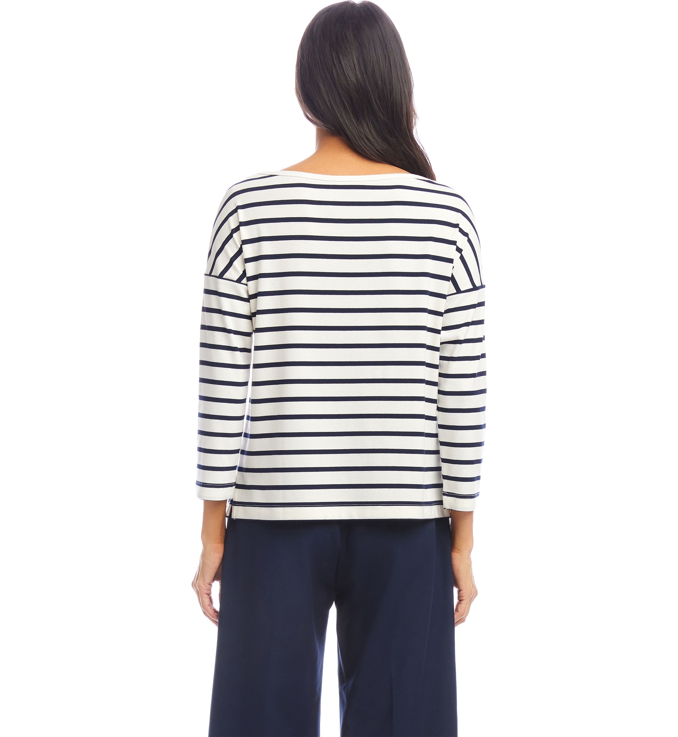 Petite Size Stripe 3/4 Sleeve Boat Neck Top