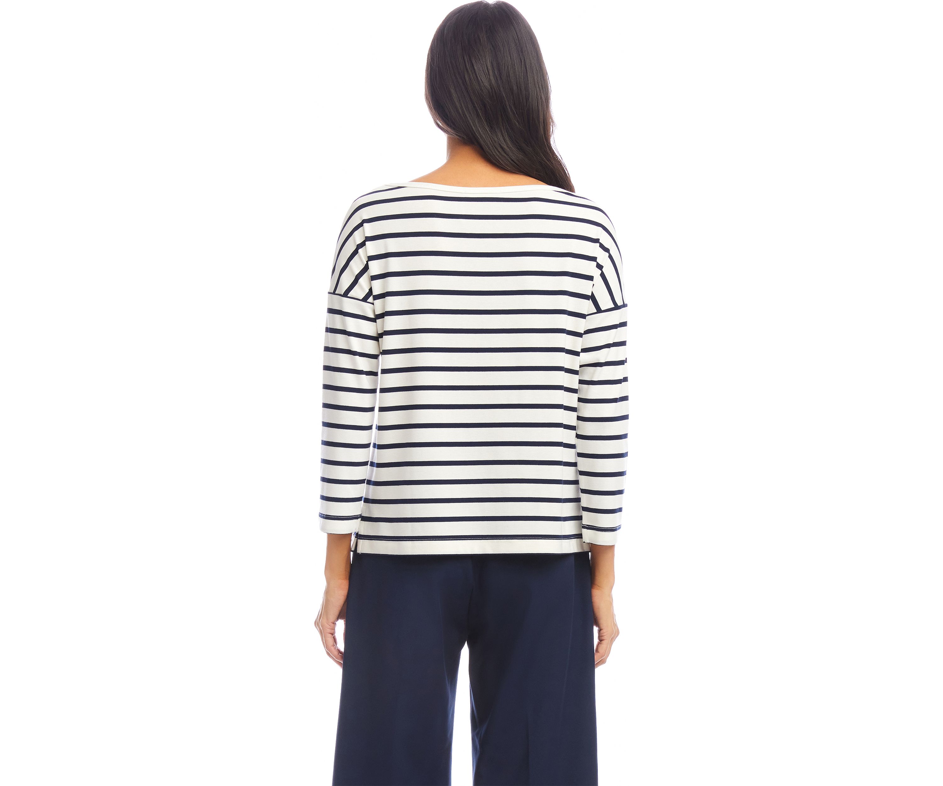Petite Size Stripe 3/4 Sleeve Boat Neck Top