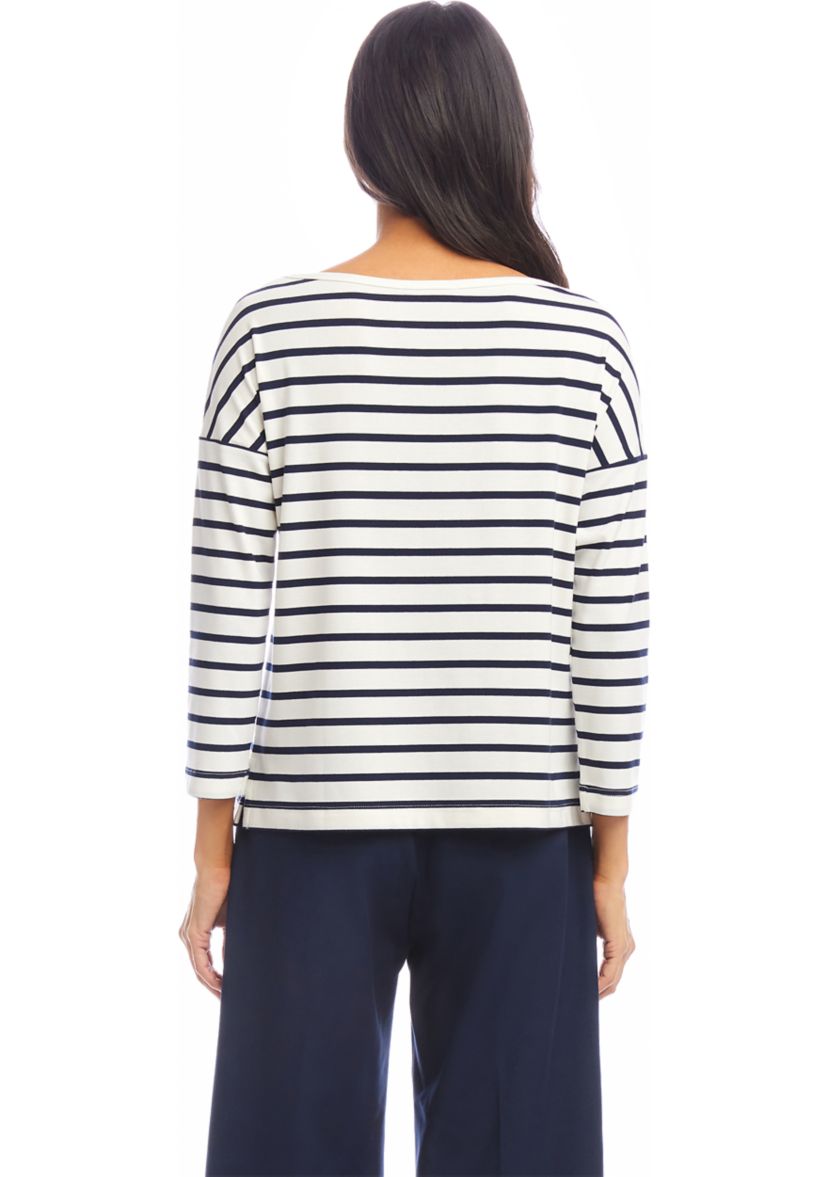 Petite Size Stripe 3/4 Sleeve Boat Neck Top
