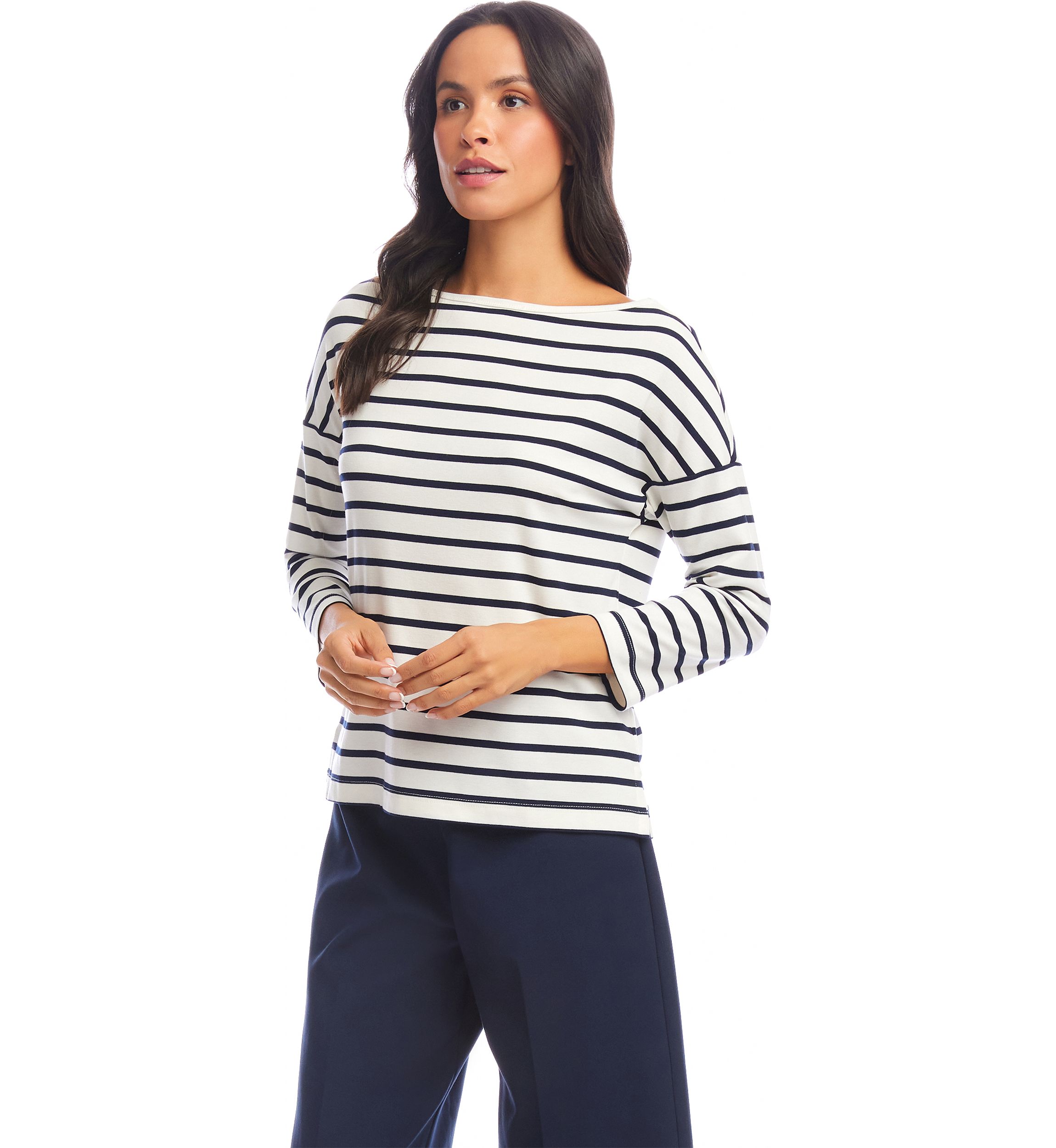 Petite Size Stripe 3/4 Sleeve Boat Neck Top