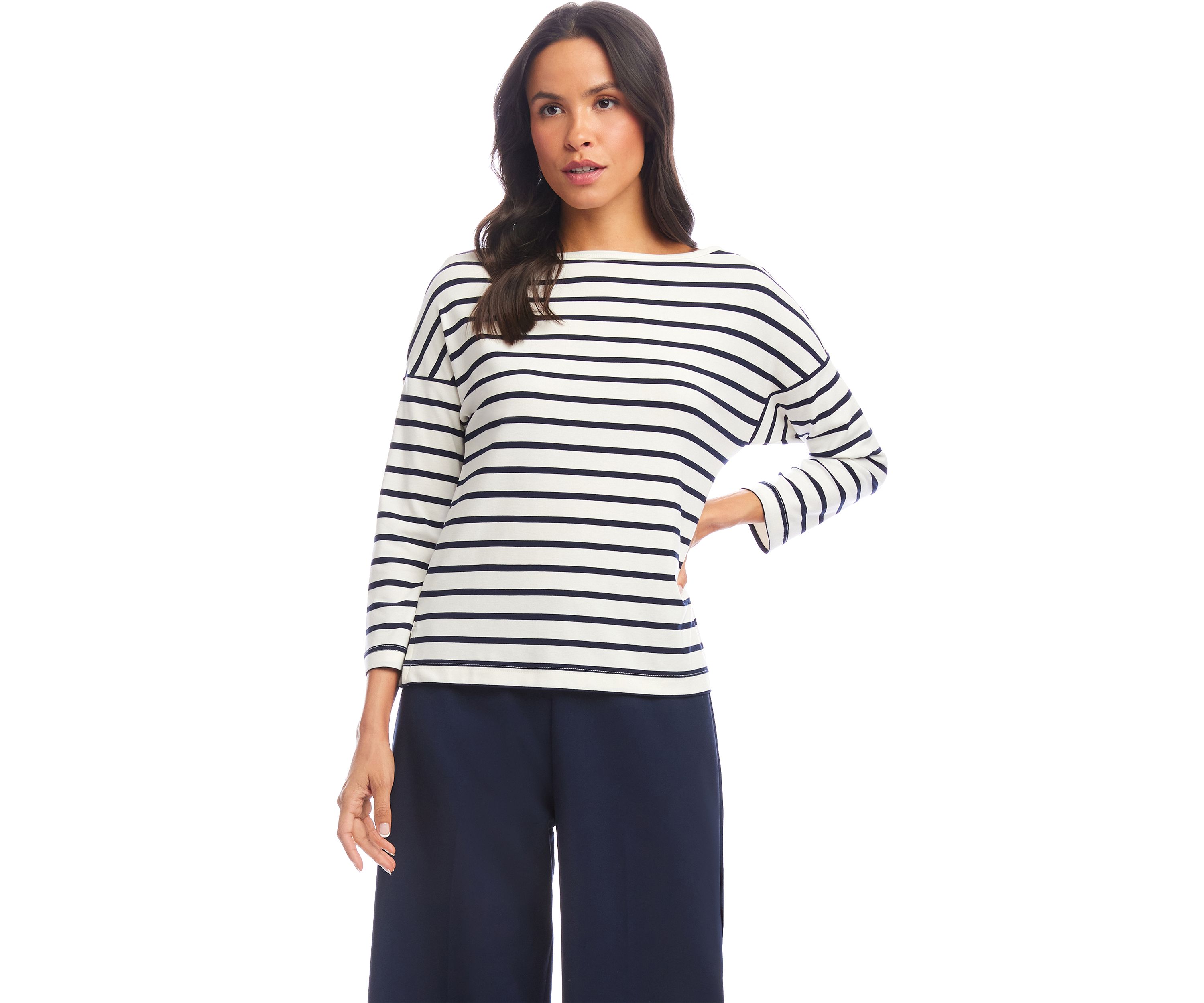 Womens Stripe 3/4 Sleeve Boatneck Top
