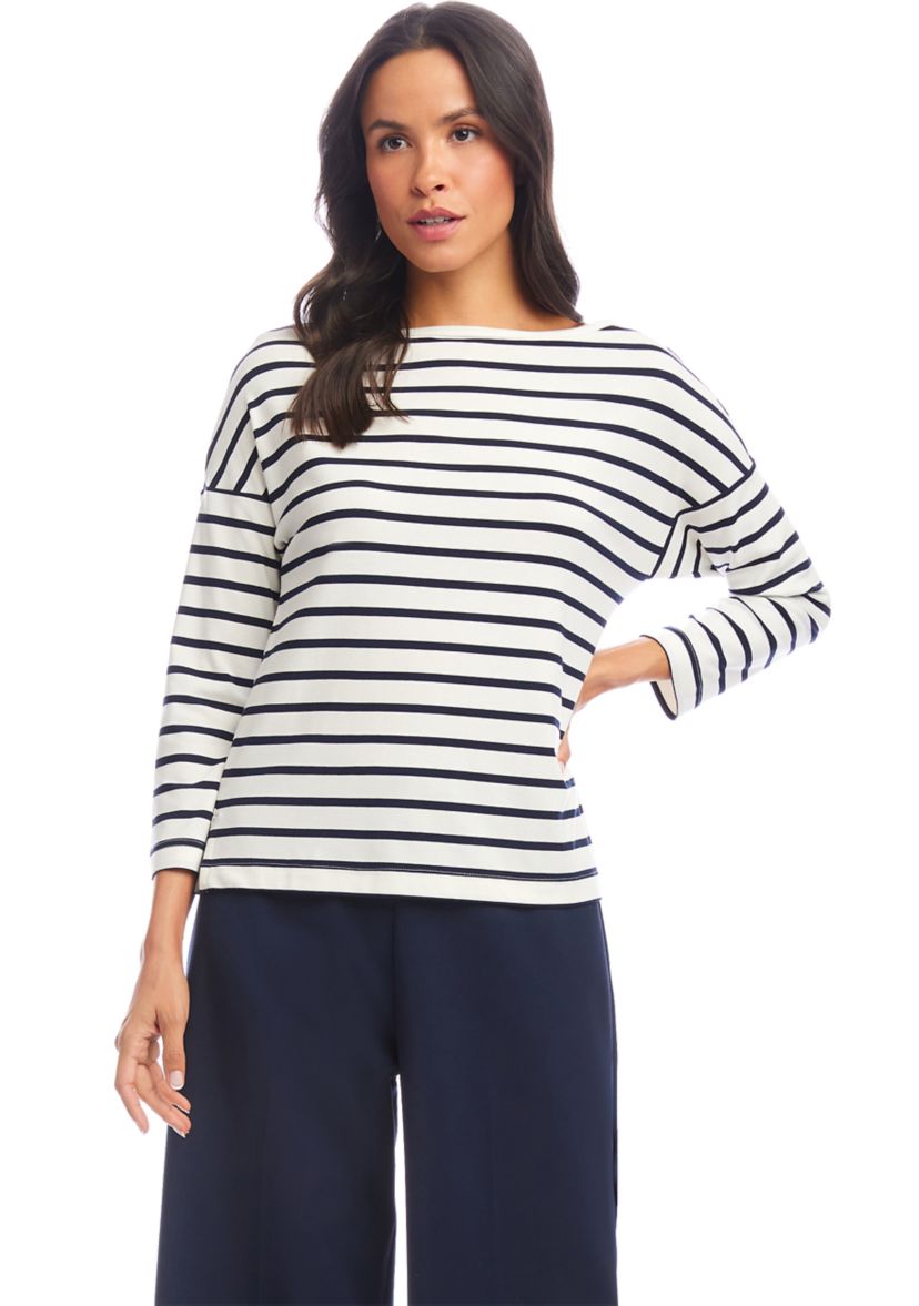 Womens Stripe 3/4 Sleeve Boatneck Top