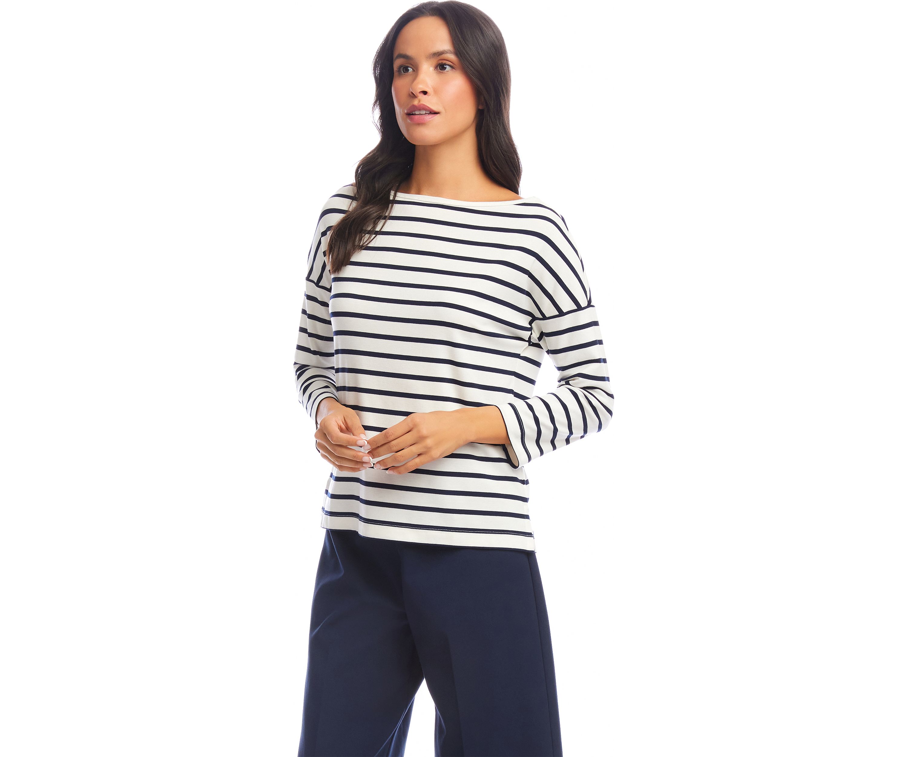 Womens Stripe 3/4 Sleeve Boatneck Top