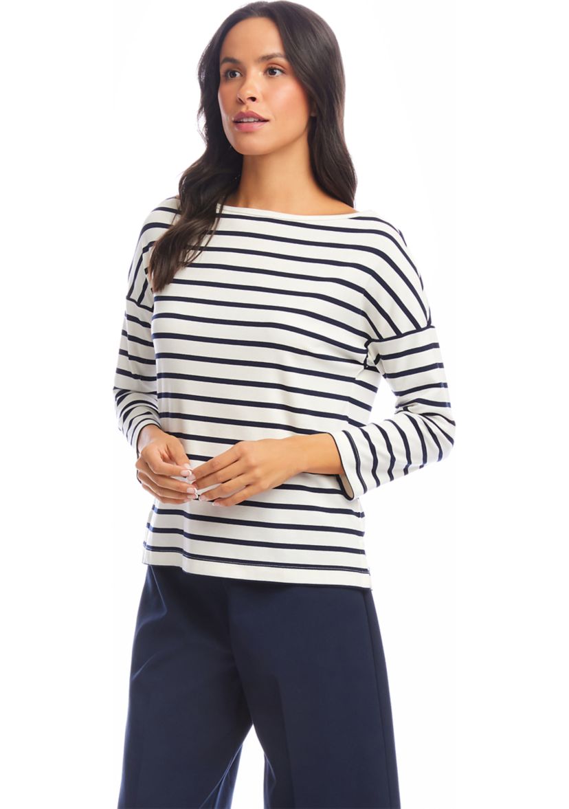 Womens Stripe 3/4 Sleeve Boatneck Top