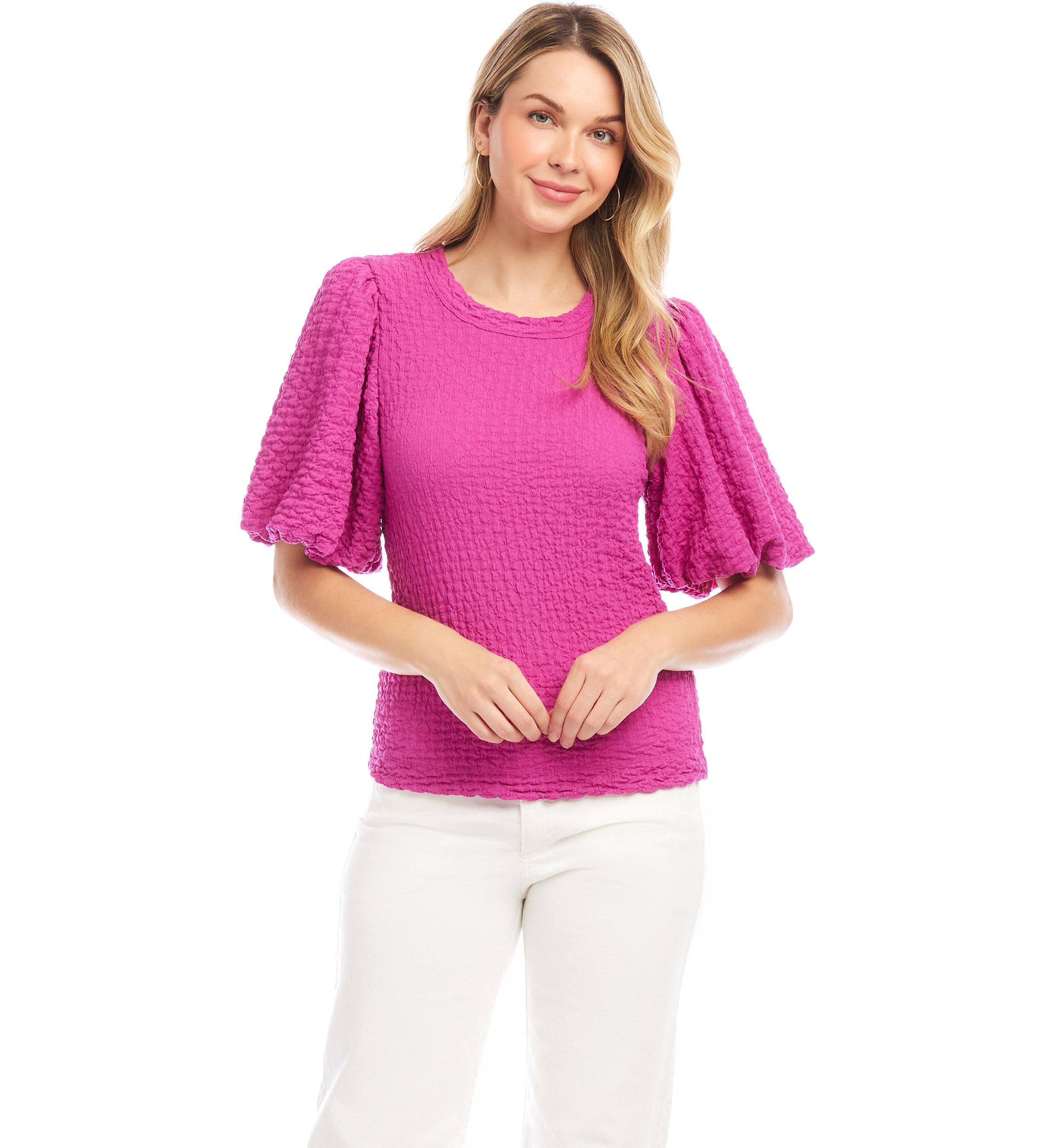 Petite Size Puff Sleeve Textured Top