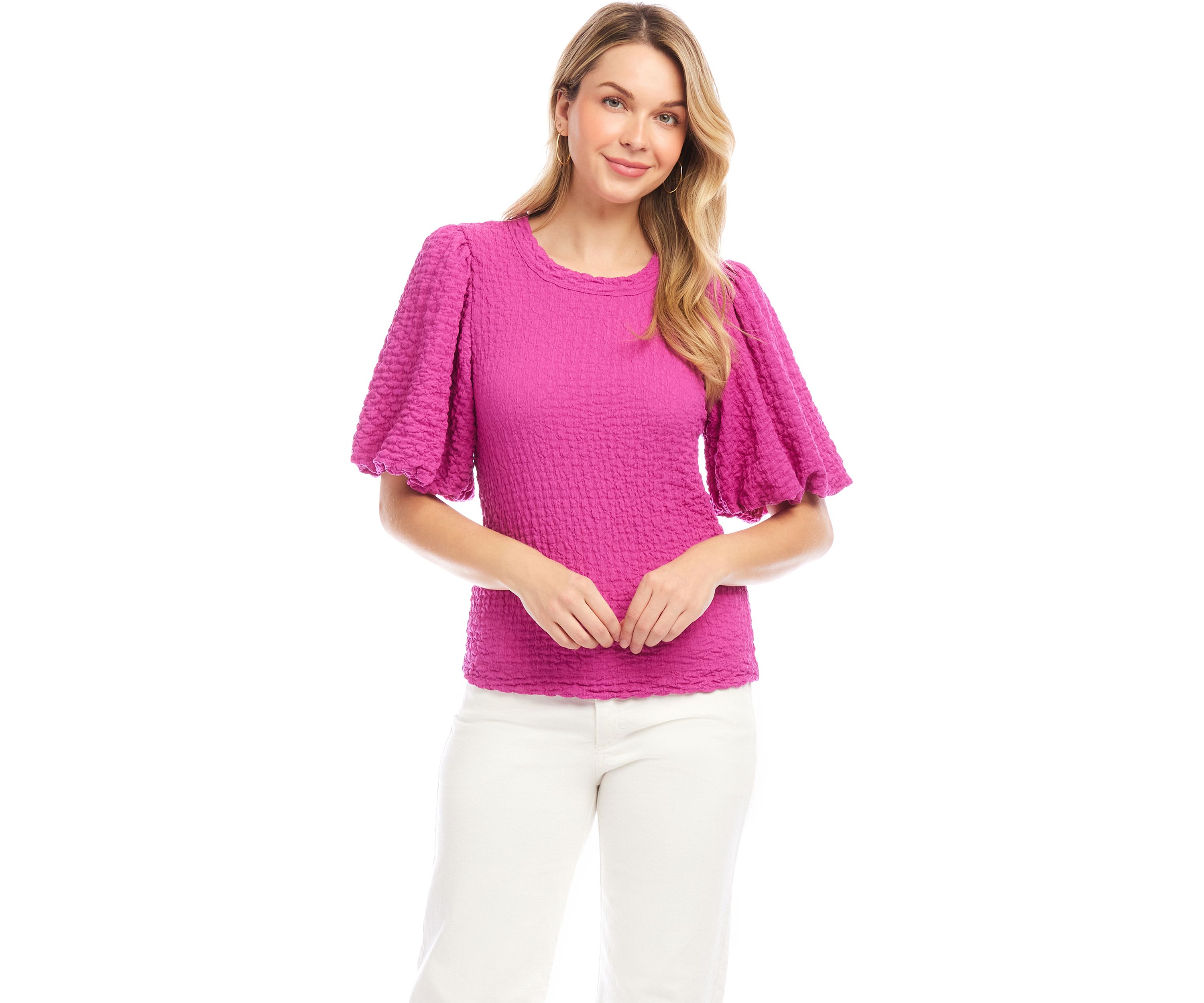 Petite Size Puff Sleeve Textured Top