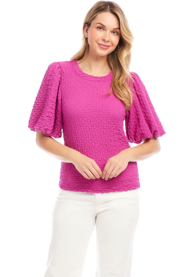 Petite Size Puff Sleeve Textured Top