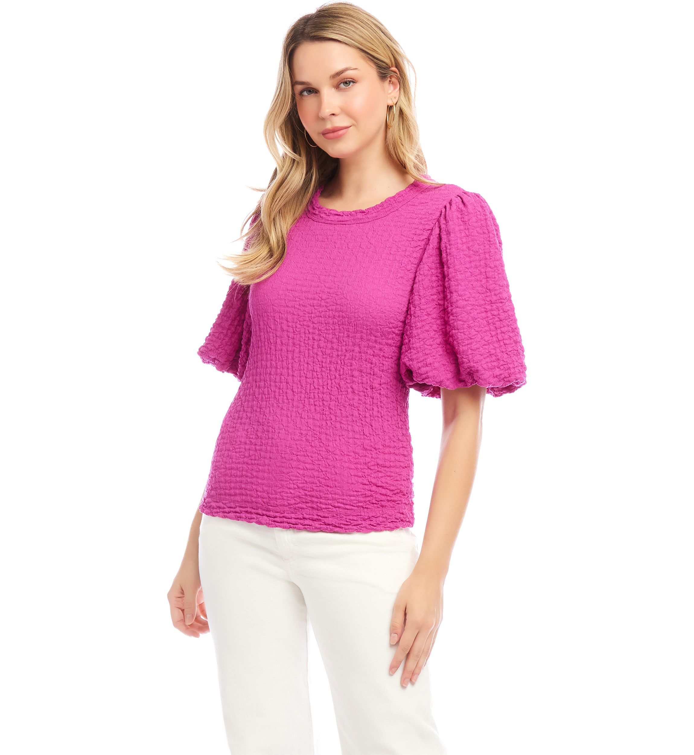 Petite Size Puff Sleeve Textured Top